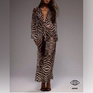 Chiffon Deep V Neck Loose Fit Tassel Detail Zebra Print Elegant Maxi Dress